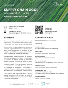 Locandina Convegno "Supply Chain oggi: sostenibilità, rischi e trasformazione"